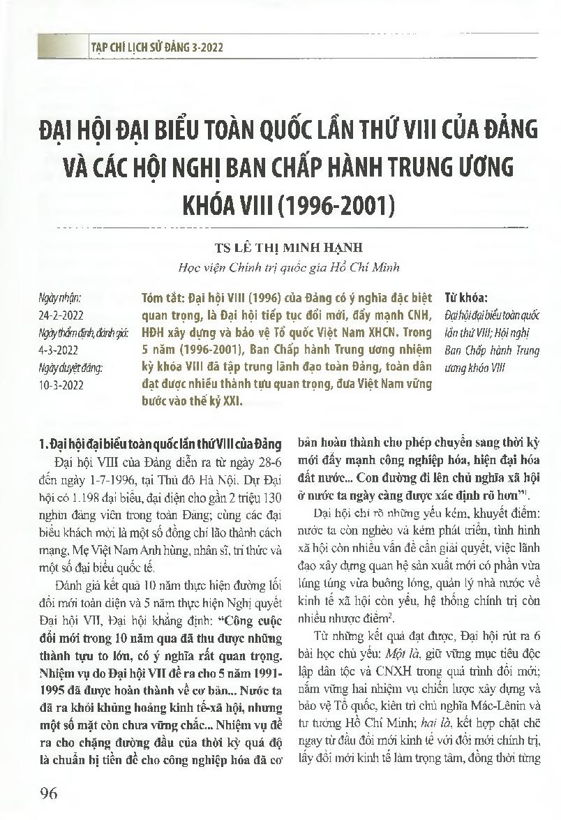 Đại hội đại biểu toàn quốc lần thứ VIII của Đảng và các hội nghị ban chấp hành trung ương khóa VIII (1996-2001)