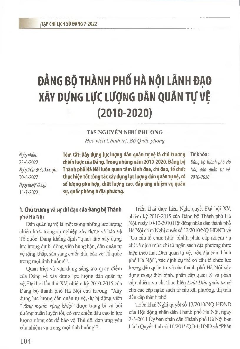 Đảng bộ thành phố Hà Nội lãnh đạo xây dựng lực lượng dân quân tự vệ (2010-2020) = Hanoi Party Committee leads the construction of militia and self-defense forces (2010-2020)