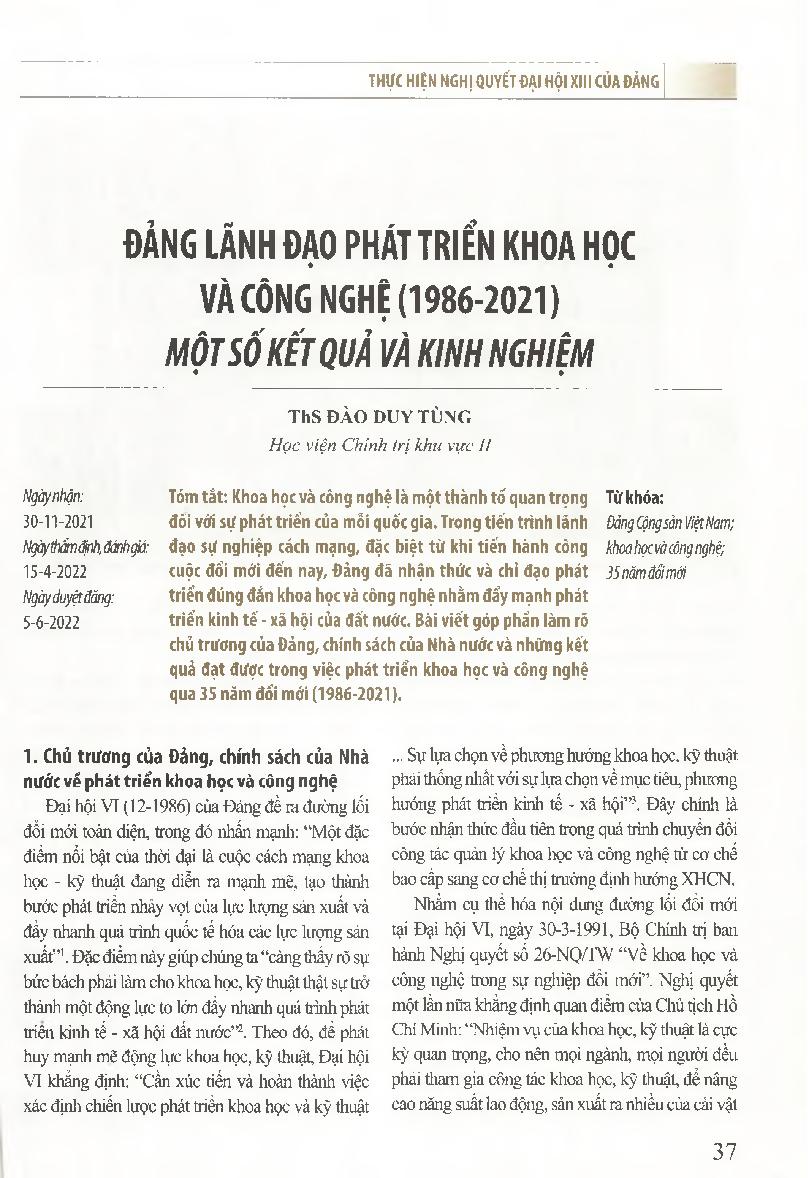 Đảng lãnh đạo phát triển khoa học và công nghệ (1986-2021) một số kết quả và kinh nghiệm