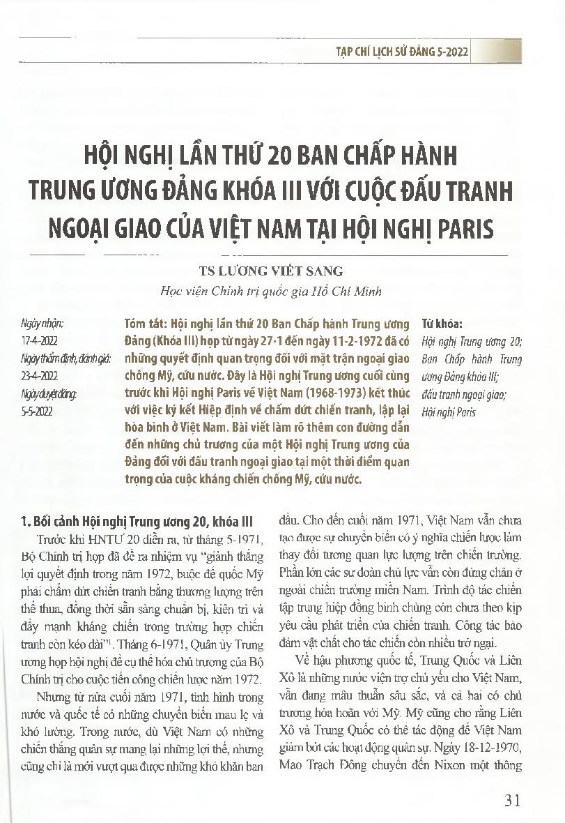 Hội nghị lần thứ 20 ban chấp hành trung ương Đảng khóa III với cuộc đấu tranh ngoại giao của Việt Nam tại hội nghị Paris