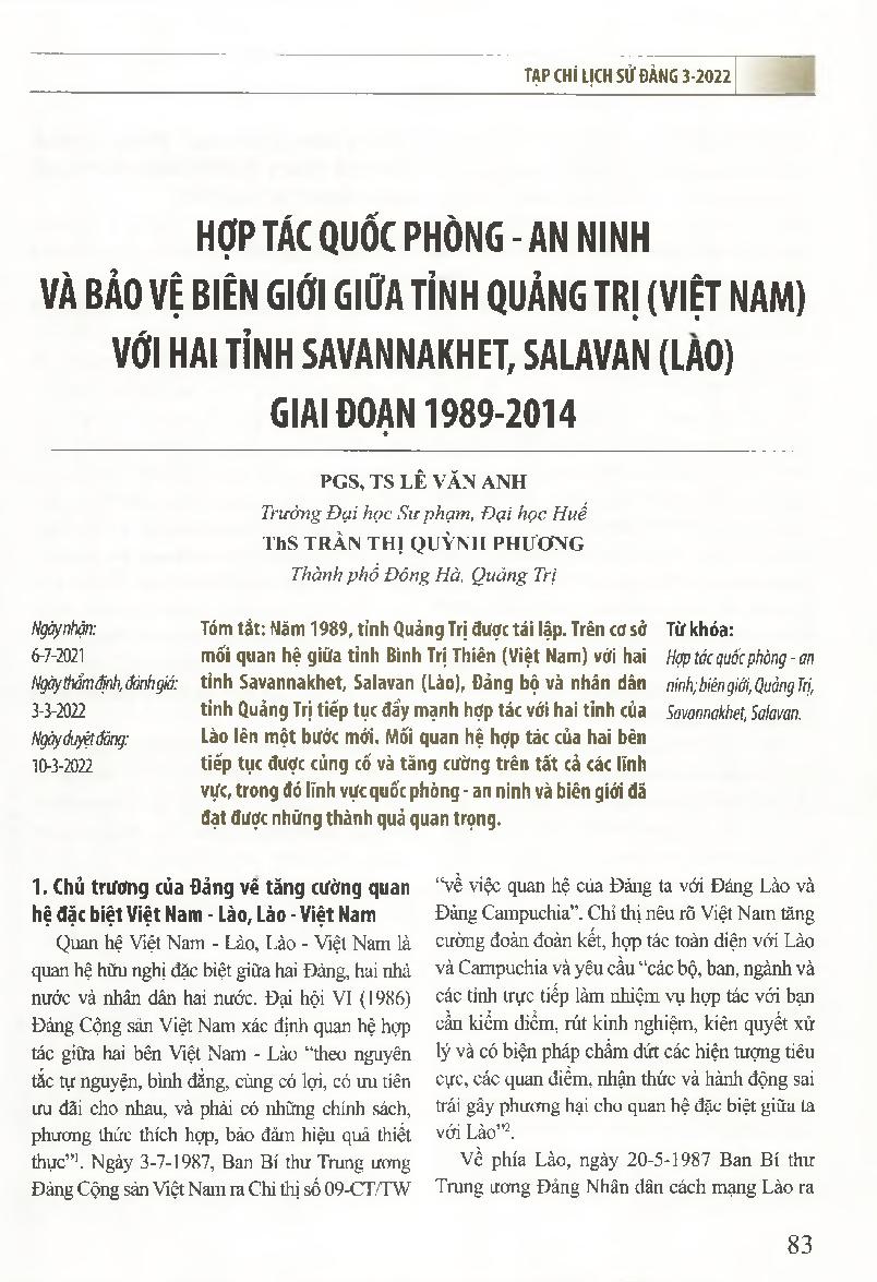 Hợp tác Quốc phòng-an ninh và bảo vệ biên giới giữa tỉnh Quảng Trị (Việt Nam) với hai tỉnh Savannakhet, Salavan (Lào) giai đoạn 1989-2014