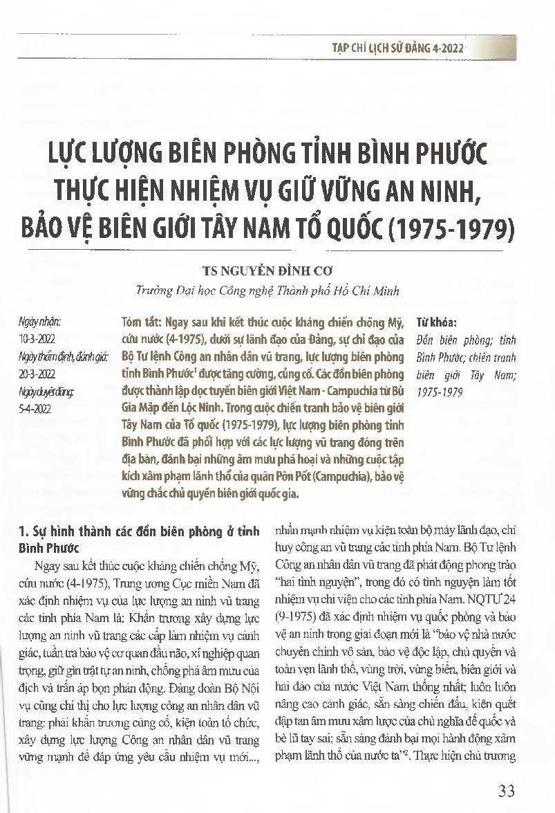 Lực lượng biên phòng tỉnh Bình Phước thực hiện nhiệm vụ giữ vững an ninh, bảo vệ biên giới Tây Nam tổ quốc (1975-1979)