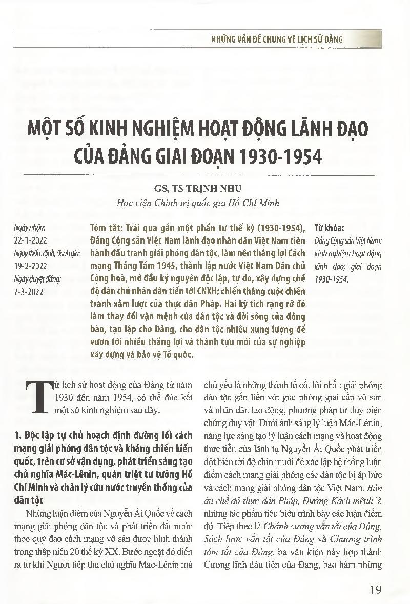Một số kinh nghiệm hoạt động lãnh đạo của Đảng giai đoạn 1930-1954