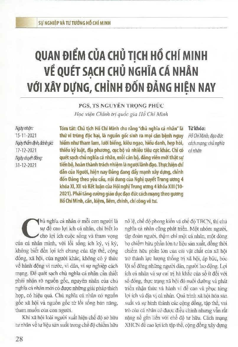 Quan điểm của chủ tịch Hồ Chí Minh về quét sạch chủ nghĩa cá nhân với xây dựng, chỉnh đốn Đảng hiện nay