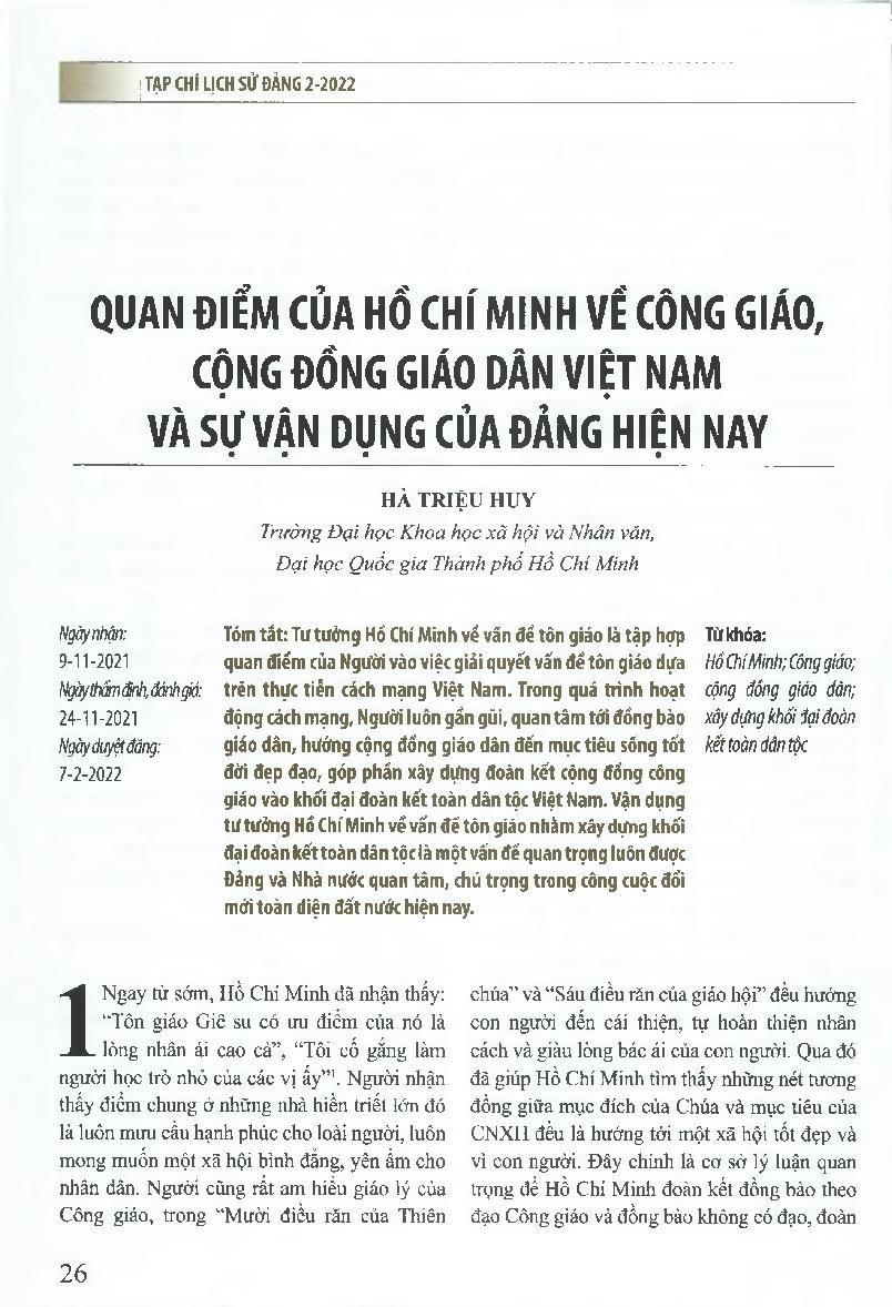 Quan điểm của Hồ Chí Minh về công giáo, cộng đồng giáo dân Việt Nam và sự vận dụng của Đảng hiện nay