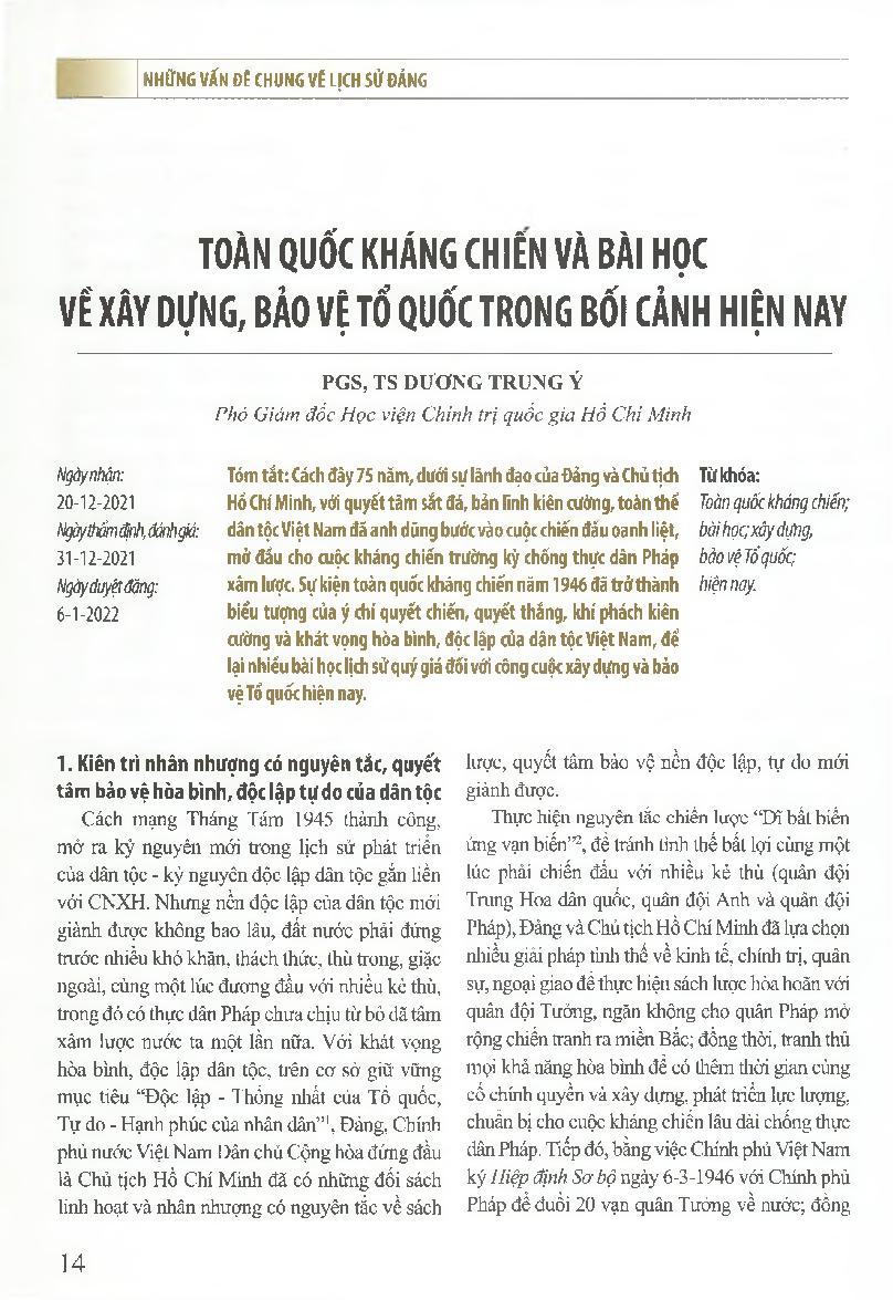 Toàn quốc kháng chiến và bài học về xây dựng, bảo vệ tổ quốc trong bối cảnh hiện nay