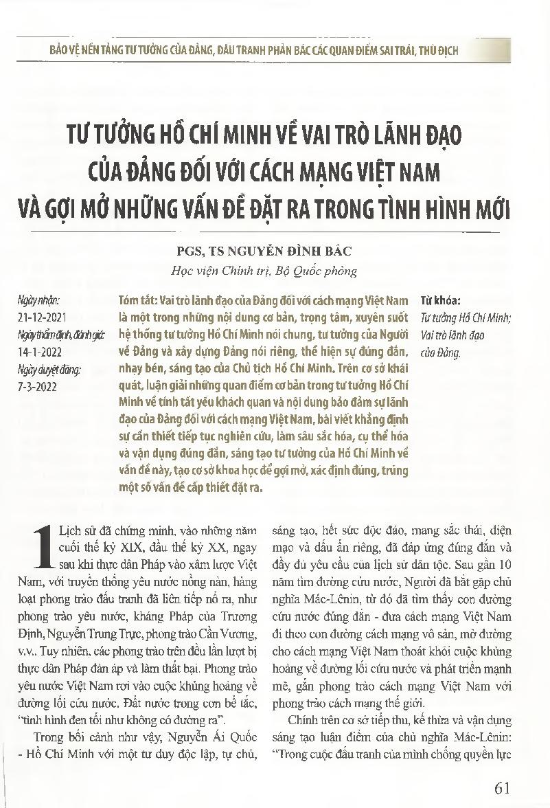 Tư tưởng Hồ Chí Minh vê vai trò lãnh đạo của Đảng đối với cách mạng Việt Nam và gợi mở những vấn đề đặt ra trong tình hình mới