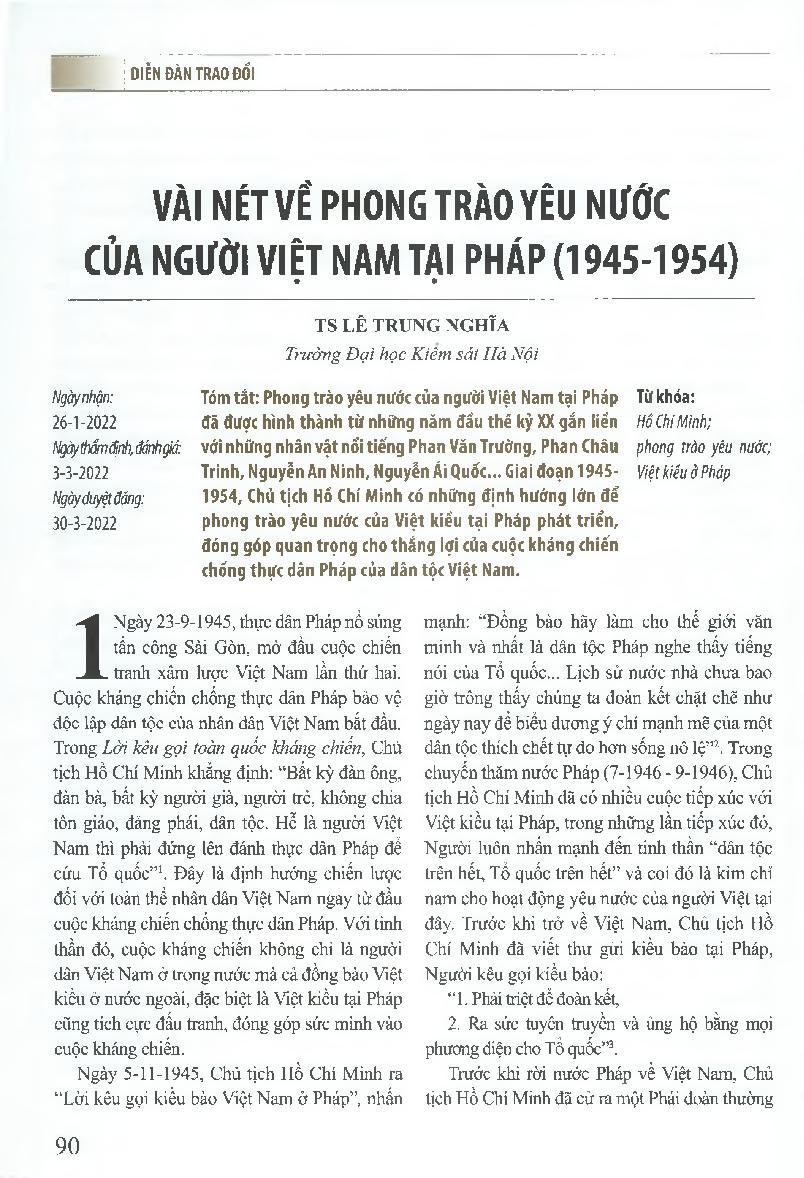 Vài nét về phong trào yêu nước của người Việt Nam tại Pháp (1945-1954)
