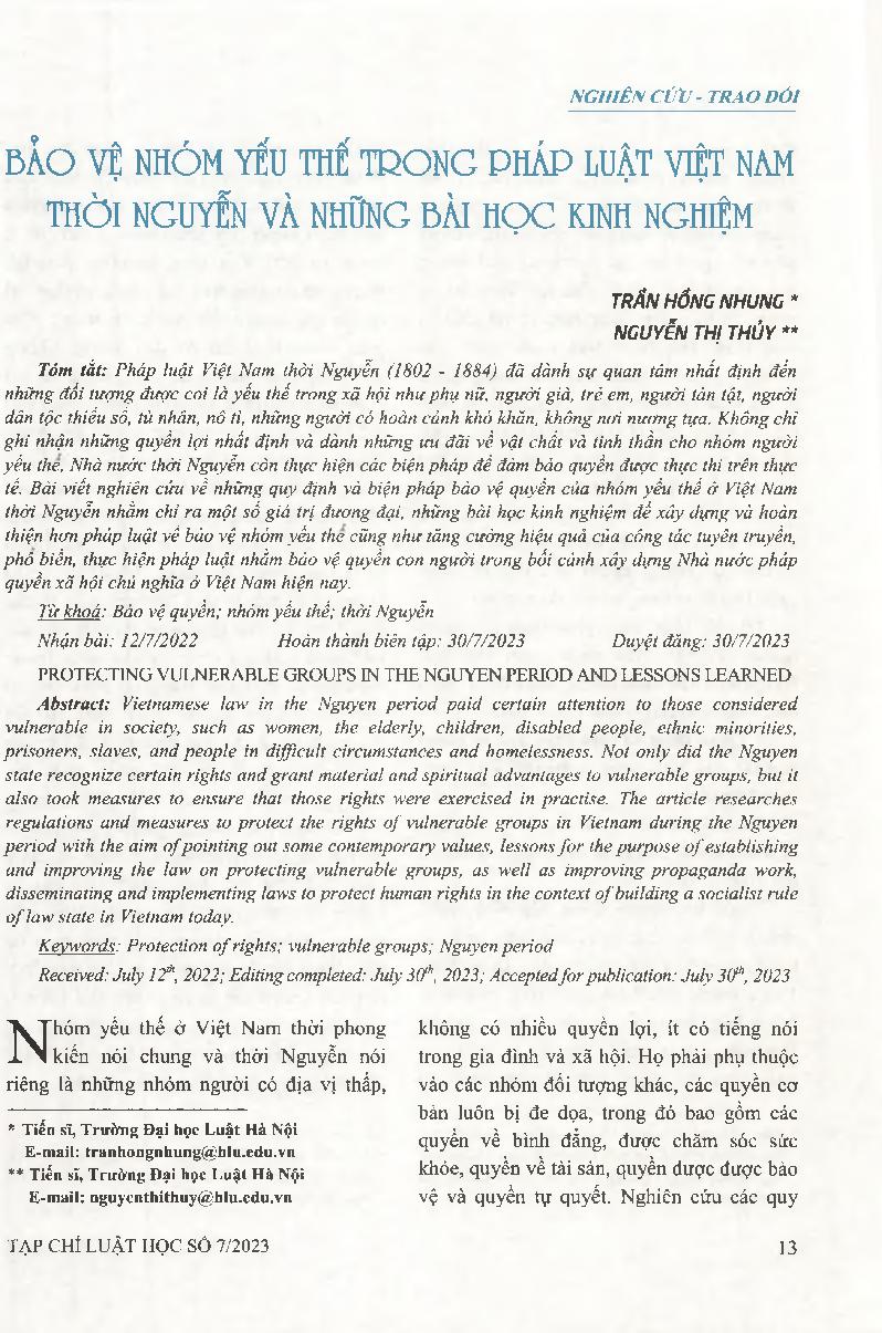 Bảo vệ nhóm yếu thế trong pháp luật Việt Nam thời Nguyễn và những bài học kinh nghiệm = Protecting vulnerable groups in the Nguyen period and lessons learned
