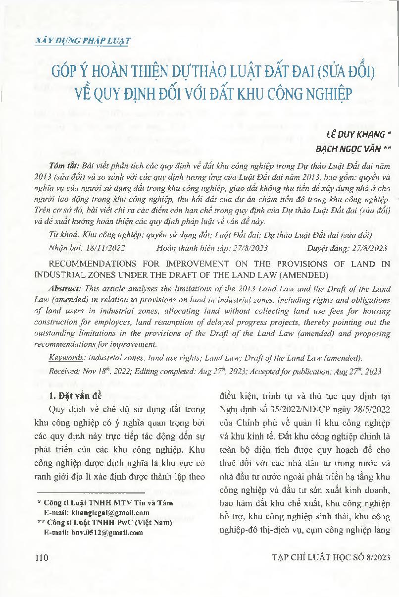 Góp ý hoàn thiện Dự thảo Luật Đất đai (sửa đổi) về quy định đối với đất khu công nghiệp. = Recommendations for improvement on the provisions of land in industrial zones under the Draft of the Land law (amended)