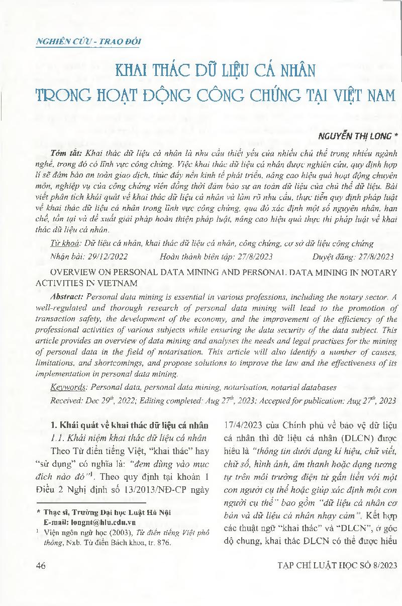 Khai thác dữ liệu cá nhân trong hoạt động công chứng tại Việt Nam. = Overview on personal data mining and personal data mining in notary activities in Vietnam