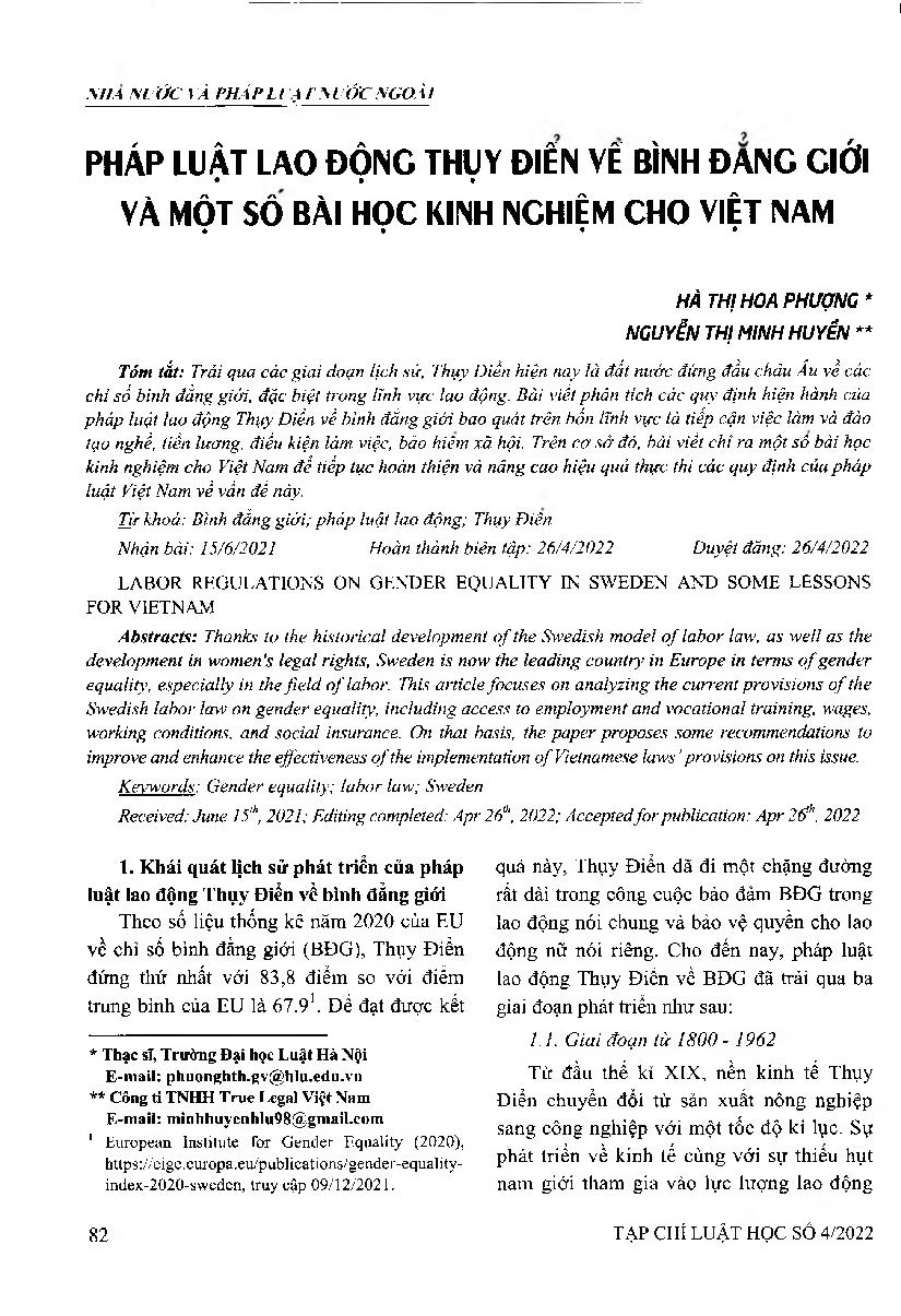 Pháp luật lao động Thụy Điển về bình đẳng giới và một số bài học kinh nghiệm cho Việt Nam = Labor regulations on gender equality in Sweden and some lessons for Vietnam