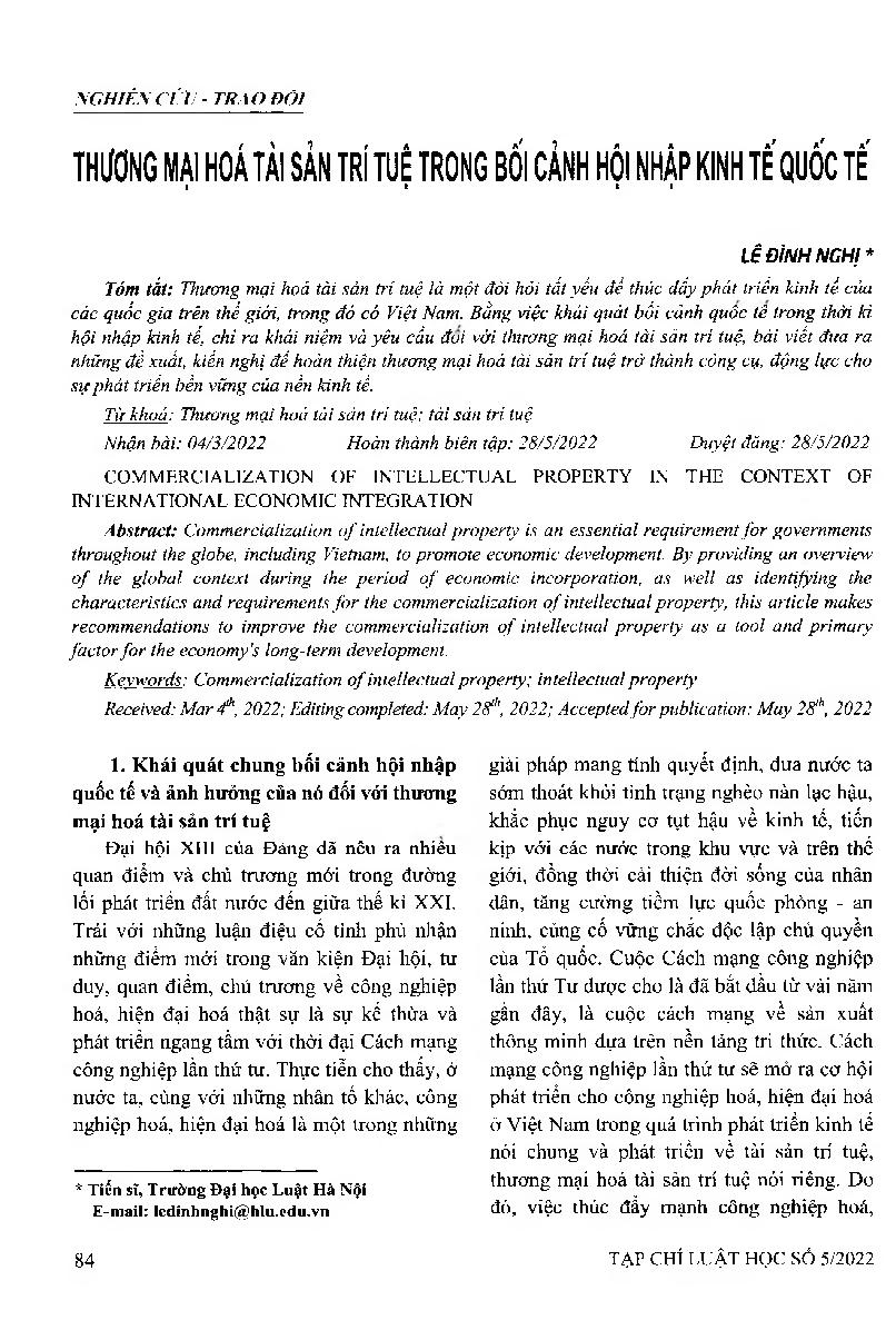 Thương mại hóa tài sản trí tuệ trong bối cảnh hội nhập kinh tế quốc tế = Commercialization of intellectual property in the context of international economic integration