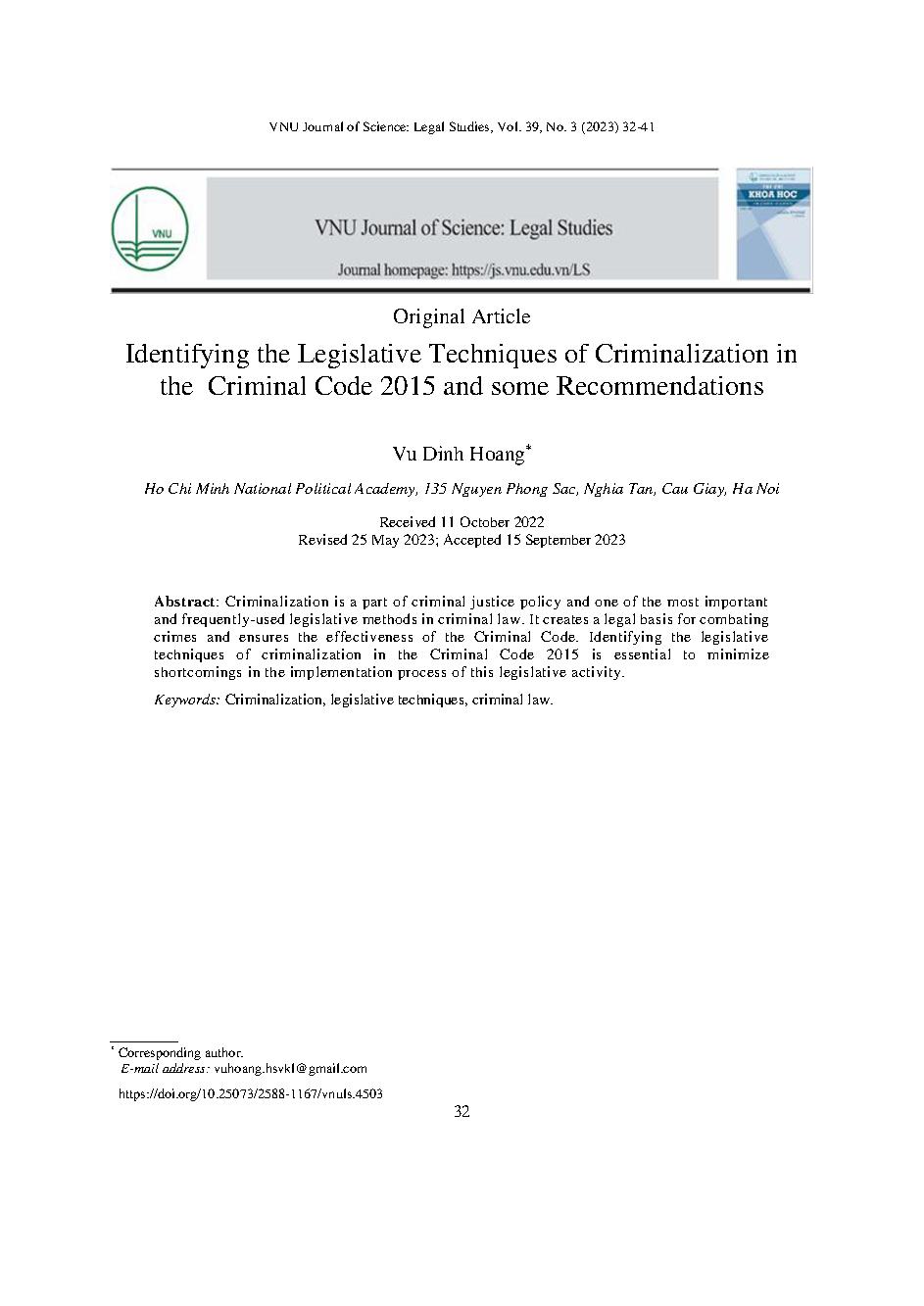 Nhận diện kỹ thuật lập pháp về tội phạm hóa thể hiện trong Bộ luật Hình sự năm 2015 hiện hành và một số kiến nghị hoàn thiện = Identifying the legislative techniques of criminalization in the Criminal Code 2015 and some recommendations