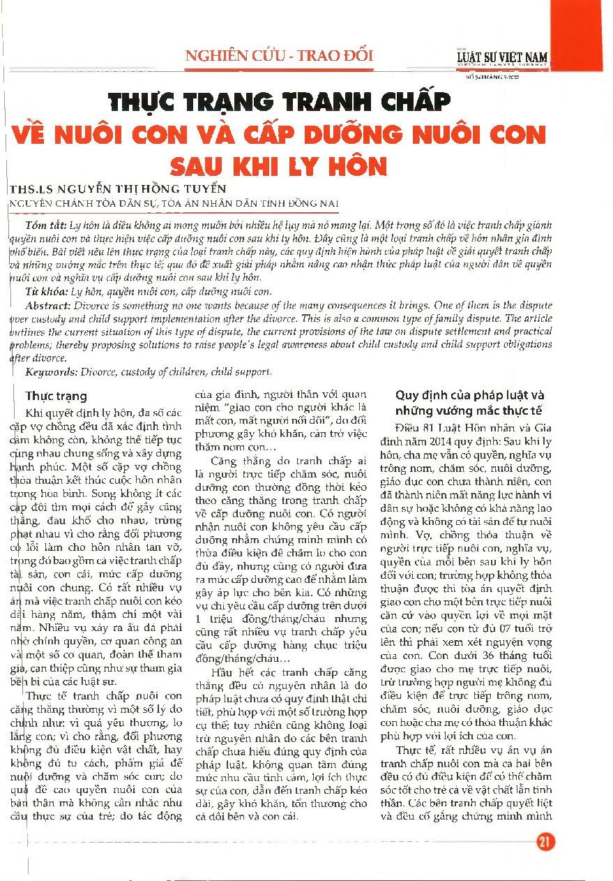 Thực trạng tranh chấp về nuôi con và cấp dưỡng nuôi con sau khi ly hôn = Current situation of disputes over child custody and child support after divorce