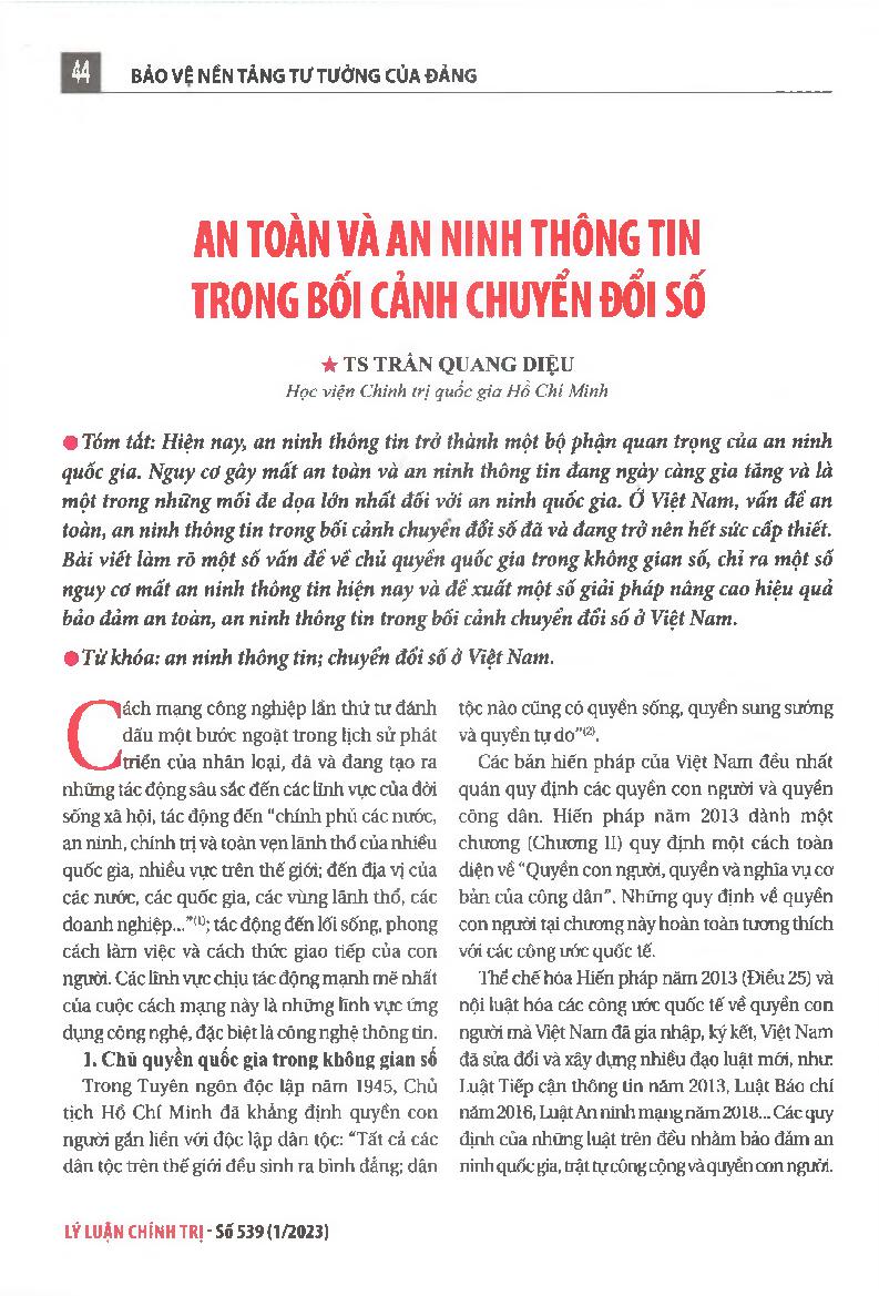An toàn và an ninh thông tin trong bối cảnh chuyển đổi số = Information safety and security in the context of digital transformation