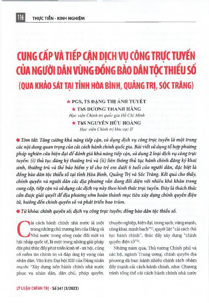 Cung cấp và tiếp cận dịch vụ công trực tuyến của người dân vùng đồng bào dân tộc thiểu số (Qua khảo sát tại tỉnh Hòa Bình, Quảng Trị, Sóc Trăng) = Providing and accessing online public services for people in ethnic minority areas (Case of Hoa Binh, Quang 