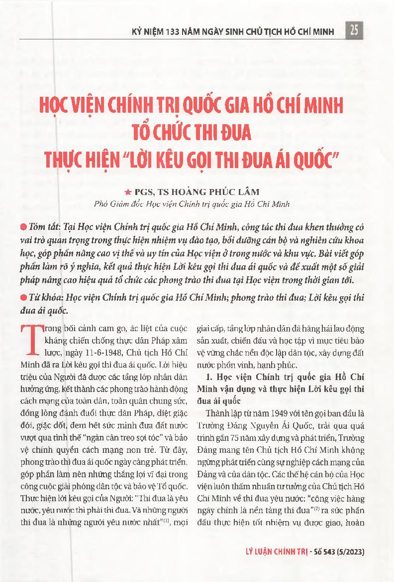 Học viện Chính trị quốc gia Hồ Chí Minh tổ chức thi đua thực hiện "Lời kêu gọi thi đua ái quốc" = Ho Chi Minh National Academy of Politics organizes the emulation to implement the "Call for patriotic emulation"