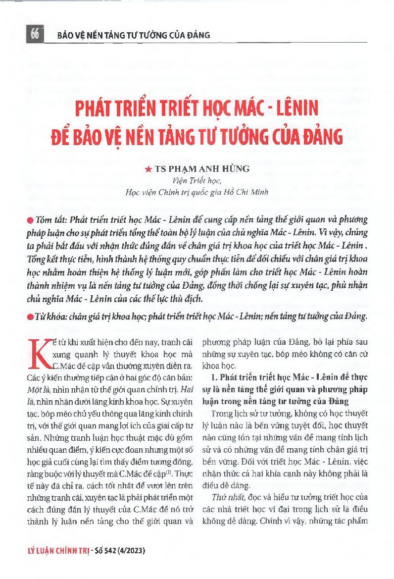 Phát triển triết học Mác - Lênin để bảo vệ nền tảng tư tưởng của Đảng = Developing Marxist - Leninist philosophy to protect the Party's ideological foundation