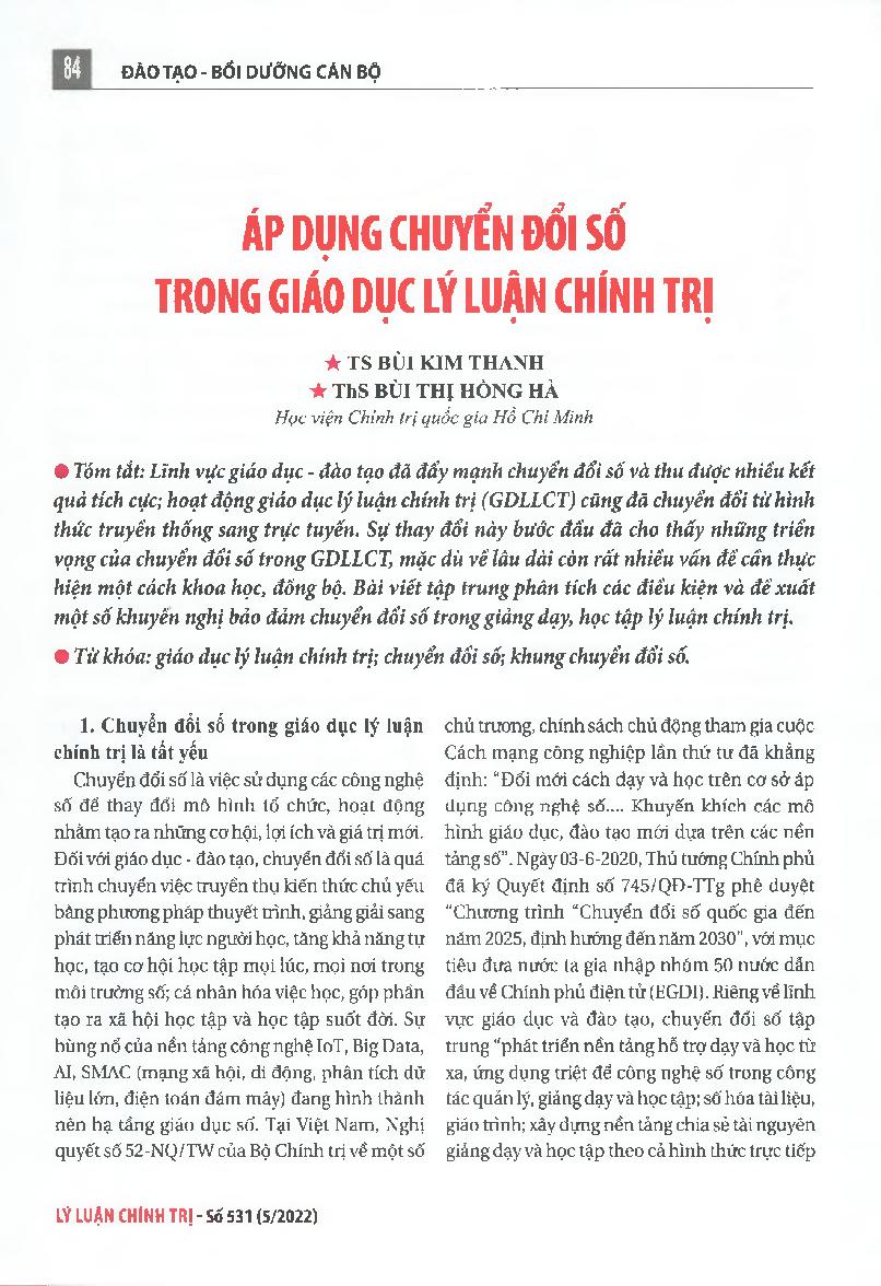 Áp dụng chuyển đổi số trong giáo dục lý luận chính trị = Applying digital transformation in political theory education