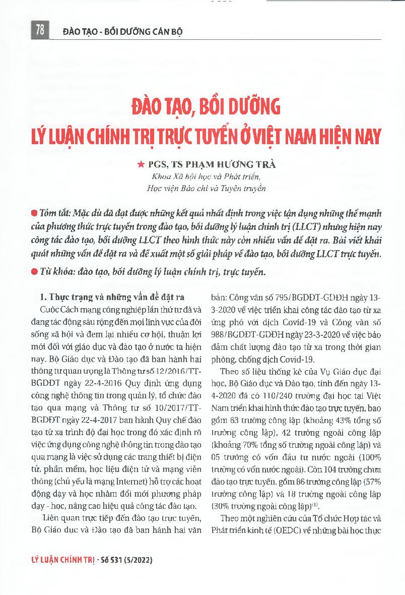 Đào tạo, bồi dưỡng lý luận chính trị trực tuyến ở Việt Nam hiện nay = Online political theory training and fostering in Vietnam toda