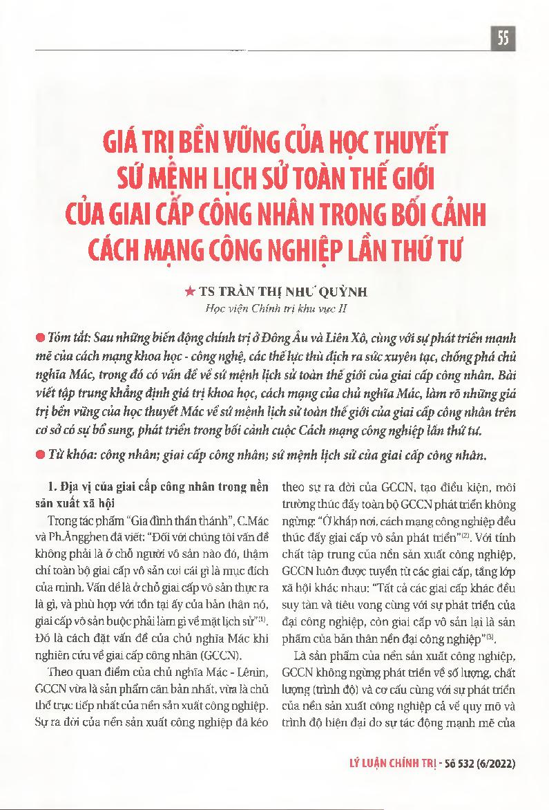 Giá trị bền vững của học thuyết sứ mệnh lịch sử toàn thế giới của giai cấp công nhân trong bối cảnh cách mạng công nghiệp lần thứ tư = The sustainable value of the worldwide historical mission theory of the working class in the context of the fourth indus