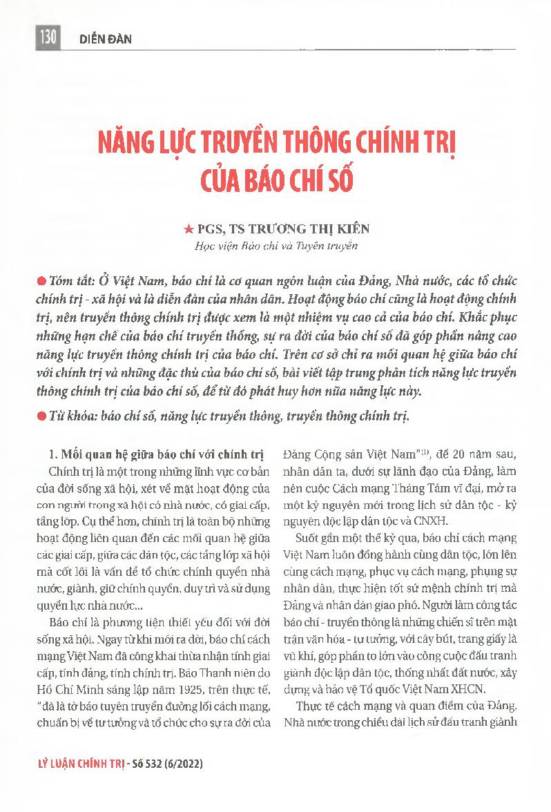 Năng lực truyền thông chính trị của báo chí số = The political communication capacity of the digital press