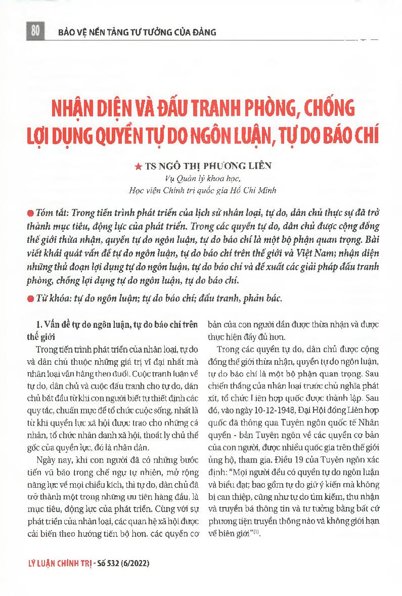 Nhận diện và đấu tranh phòng, chống lợi dụng quyền tự do ngôn luận, tự do báo chí = Identifying, preventing and combating the abuse of the freedom ofspeech and freedom ofthe press
