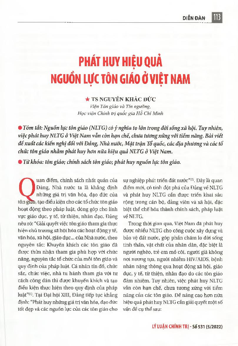 Phát huy hiệu quả nguồn lực tôn giáo ở Việt Nam = Effectively promoting religious resources in Vietnam