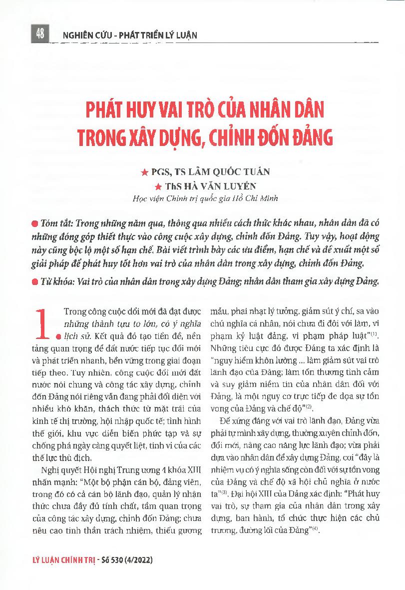 Phát huy vai trò của nhân dân trong xây dựng, chỉnh đốn Đảng = Promote the roles of the people in Party building and rectification