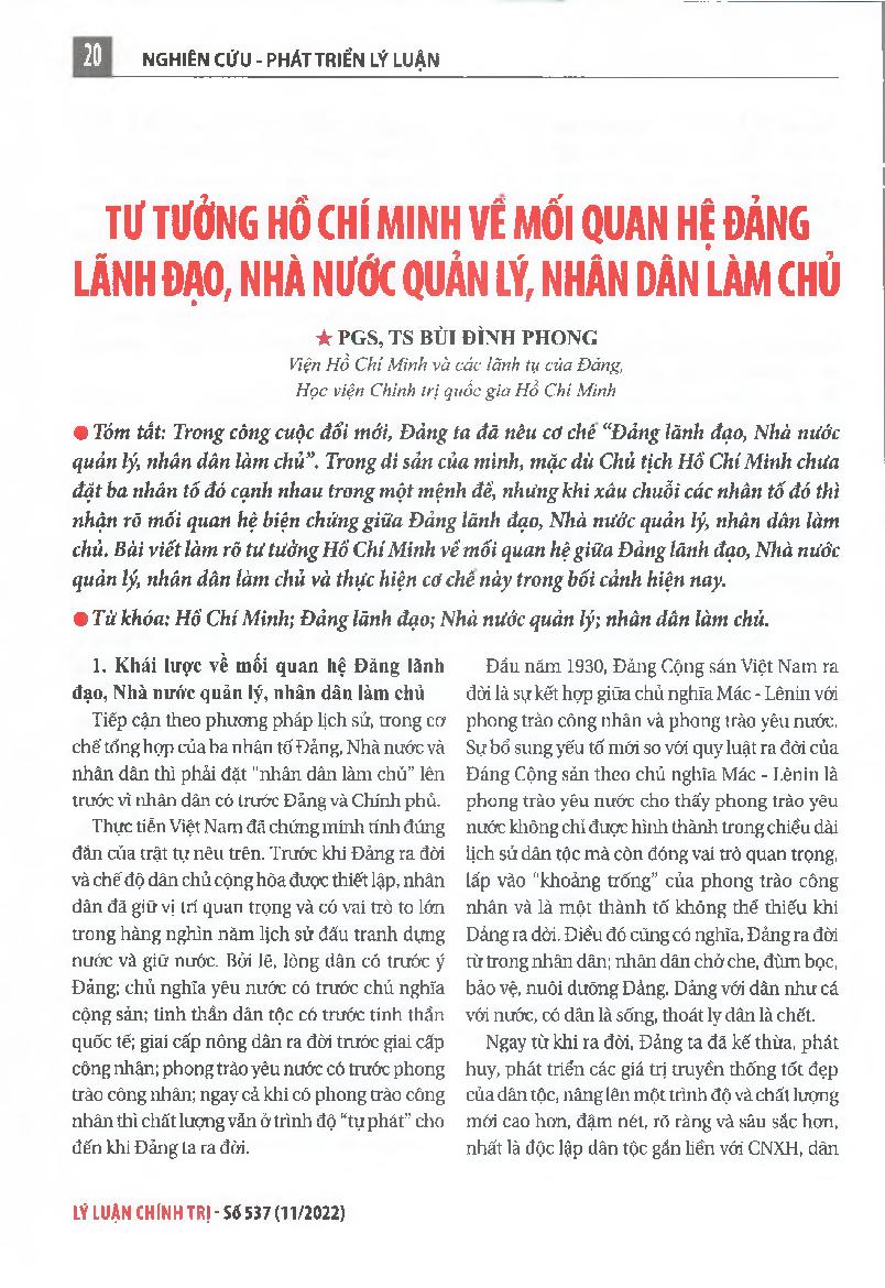 Tư tưởng Hồ Chí minh về mối quan hệ Đảng lãnh đạo, Nhà nước quản lý, nhân dân làm chủ = Ho Chi Minh’s thought on the relationship between the Party’s leader-ship, State’s management and people’s ownership