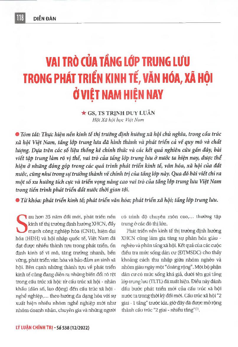 Vai trò của tầng lớp trung lưu trong phát triển kinh tế, văn hóa, xã hội ở Việt Nam hiện nay