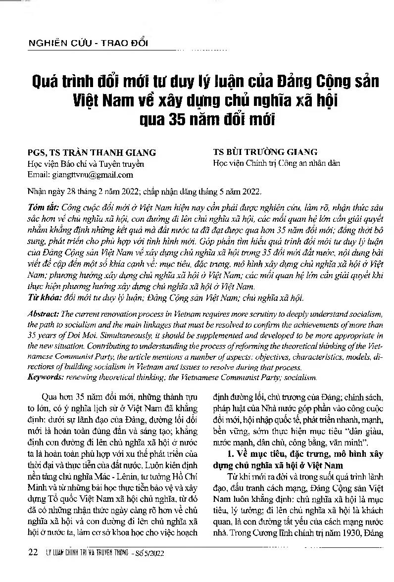 Quá trình đổi mới tư duy lý luận cùa Đảng Cộng sản Việt Nam về xây dựng chủ nghĩa xã hội qua 35 năm đổi mới = Process of renewing theoretical thinking of the Vietnamese Communist Party in building socialism through 35 years of Doi Moi.