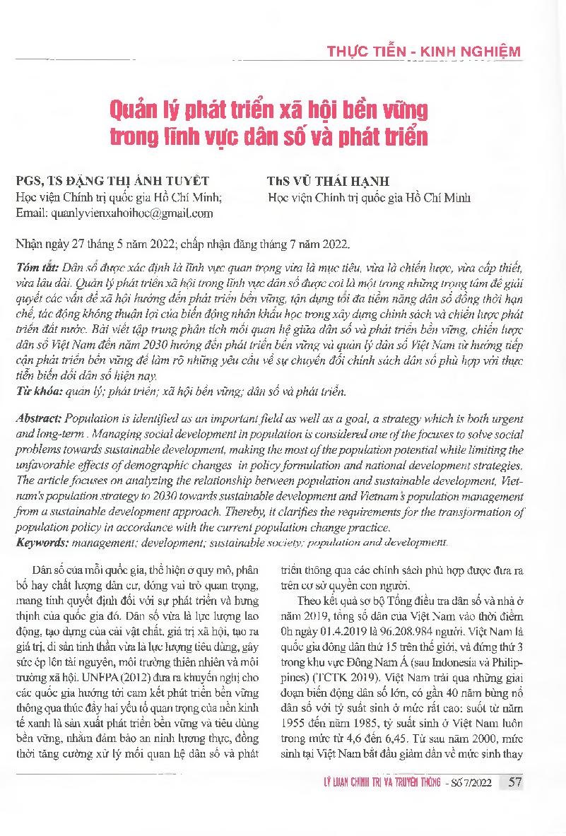 Quản lý phát triển xã hội bển vững trong lĩnh vực dân số và phát triển