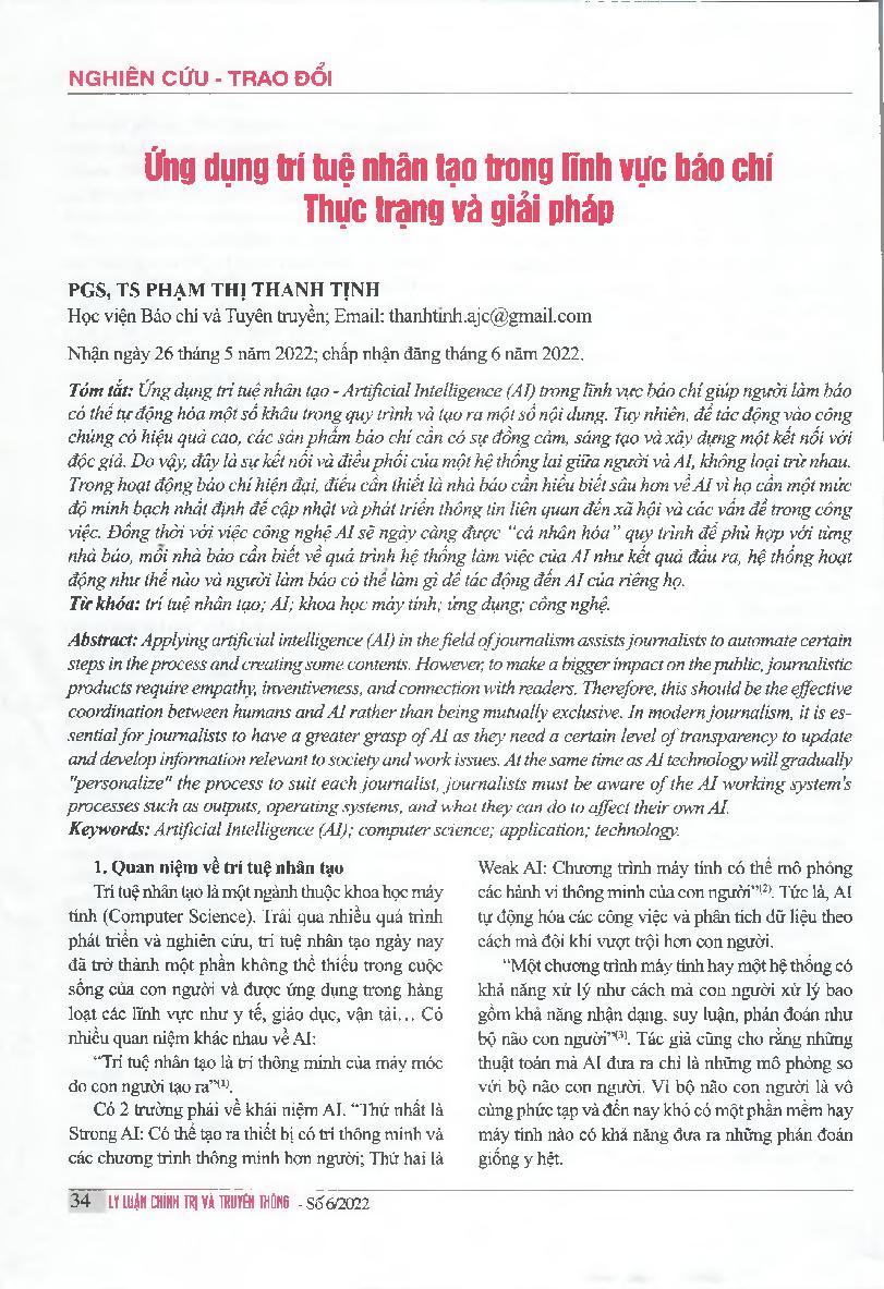 Ứng dụng trí tuệ nhân tạo trong lĩnh vục báo chí: Thưc trạng và giải pháp = Application of artificial intelligence in journalism: reality and solutions