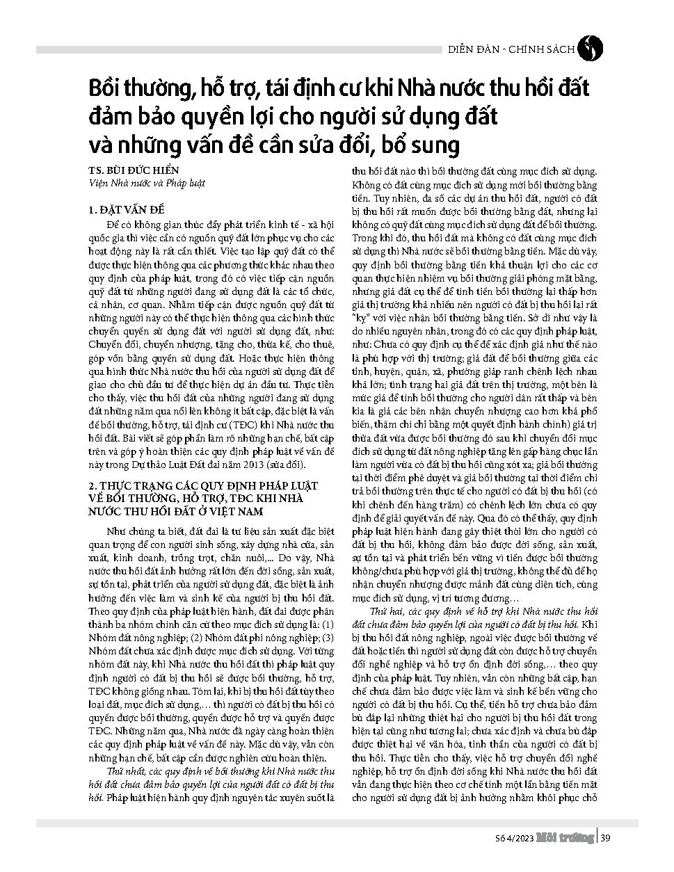 Bồi thường, hỗ trợ, tái định cư khi Nhà nước thu hồi đất đảm bảo quyền lợi cho người sử dụng đất và những vấn đề cần sửa đổi, bổ sung