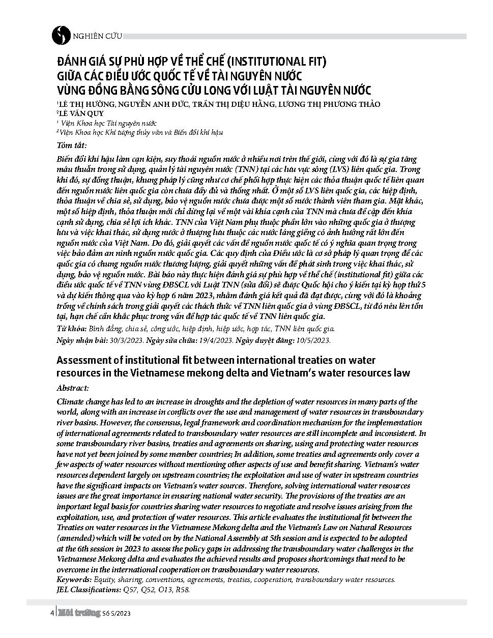 Đánh giá sự phù hợp về thể chế (institutional fit) giữa các điều ước quốc tế về tài nguyên nước vùng Đồng bằng sông Cửu Long với Luật Tài nguyên nước = Assessment of institutional fit between international treaties on water resources in the Vietnamese mek