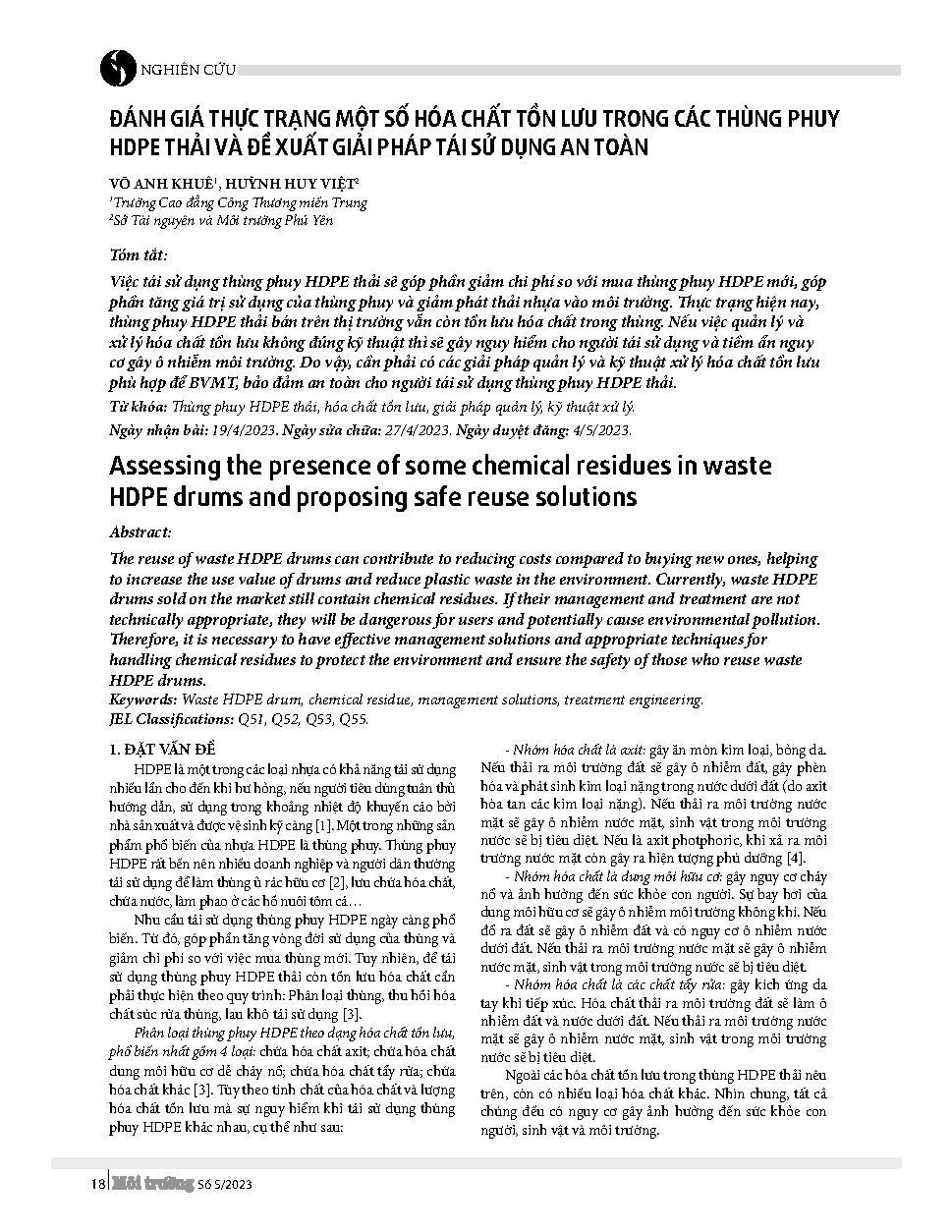 Đánh giá thực trạng một số hóa chất tồn lưu trong các thùng phuy HDPE thải và đề xuất giải pháp tái sử dụng an toàn = Assessing the presence of some chemical residues in waste HDPE drums and proposing safe reuse solutions