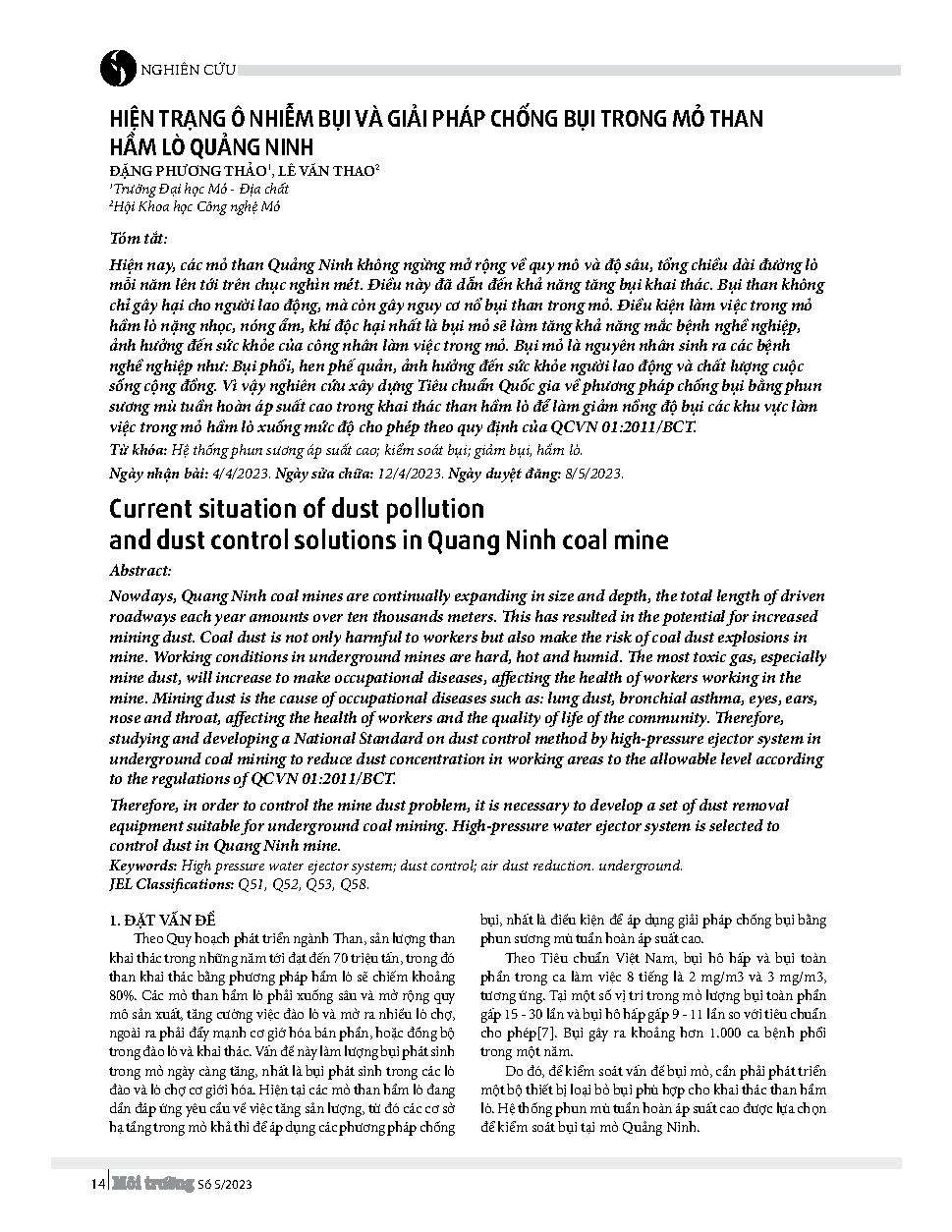 Hiện trạng ô nhiễm bụi và giải pháp chống bụi trong mỏ than hầm lò Quảng Ninh = Current situation of dust pollution and dust control solutions in Quang Ninh coal mine