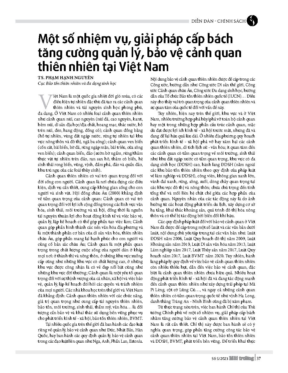 Một số nhiệm vụ, giải pháp cấp bách tăng cường quản lý, bảo vệ cảnh quan thiên nhiên tại Việt Nam