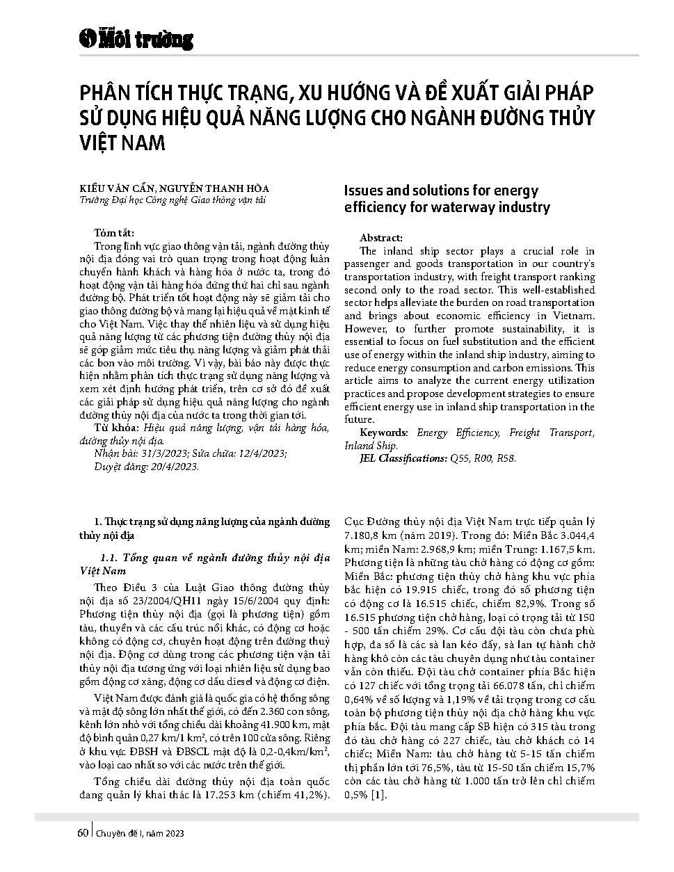 Phân tích thực trạng, xu hướng và đề xuất giải pháp sử dụng hiệu quả năng lượng cho ngành đường thủy Việt Nam = Issues and solutions for energy efficiency for waterway industry