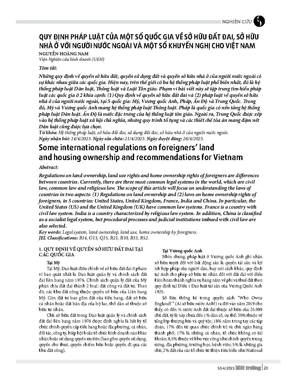 Quy định pháp luật của một số quốc gia về sở hữu đất đai, sở hữu nhà ở với người nước ngoài và một số khuyến nghị cho Việt Nam = Some international regulations on foreigners' land and housing ownership and recommendations for Vietnam