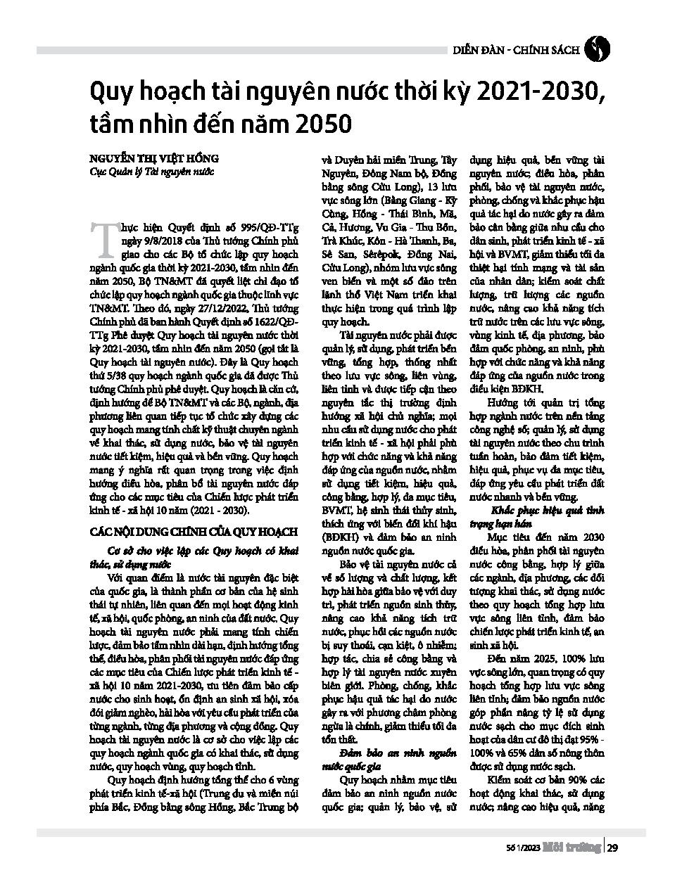 Quy hoạch tài nguyên nước thời kỳ 2021-2030, tầm nhìn đến năm 2050