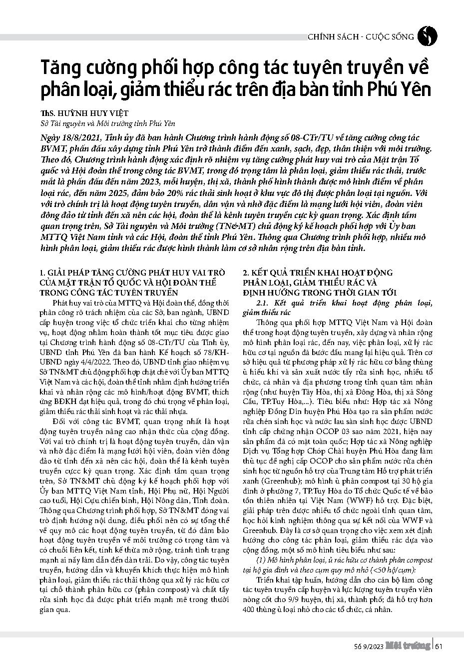 Tăng cường phối hợp công tác tuyên truyền về phân loại, giảm thiểu rác trên địa bàn tỉnh Phú Yên