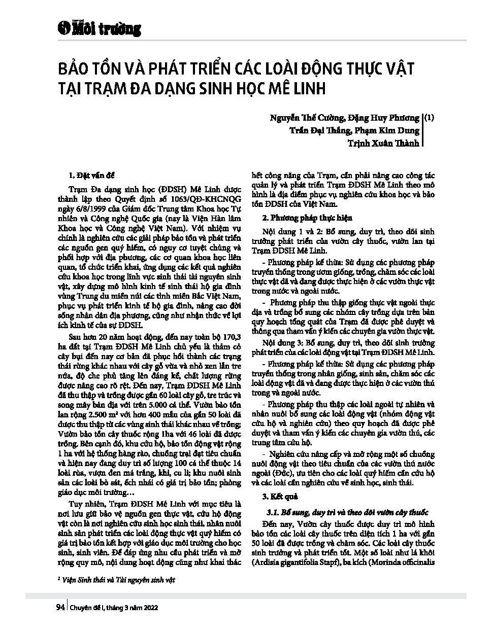 Bảo tồn và phát triển các loài động thực vật tại Trạm đa dạng sinh học Mê Linh