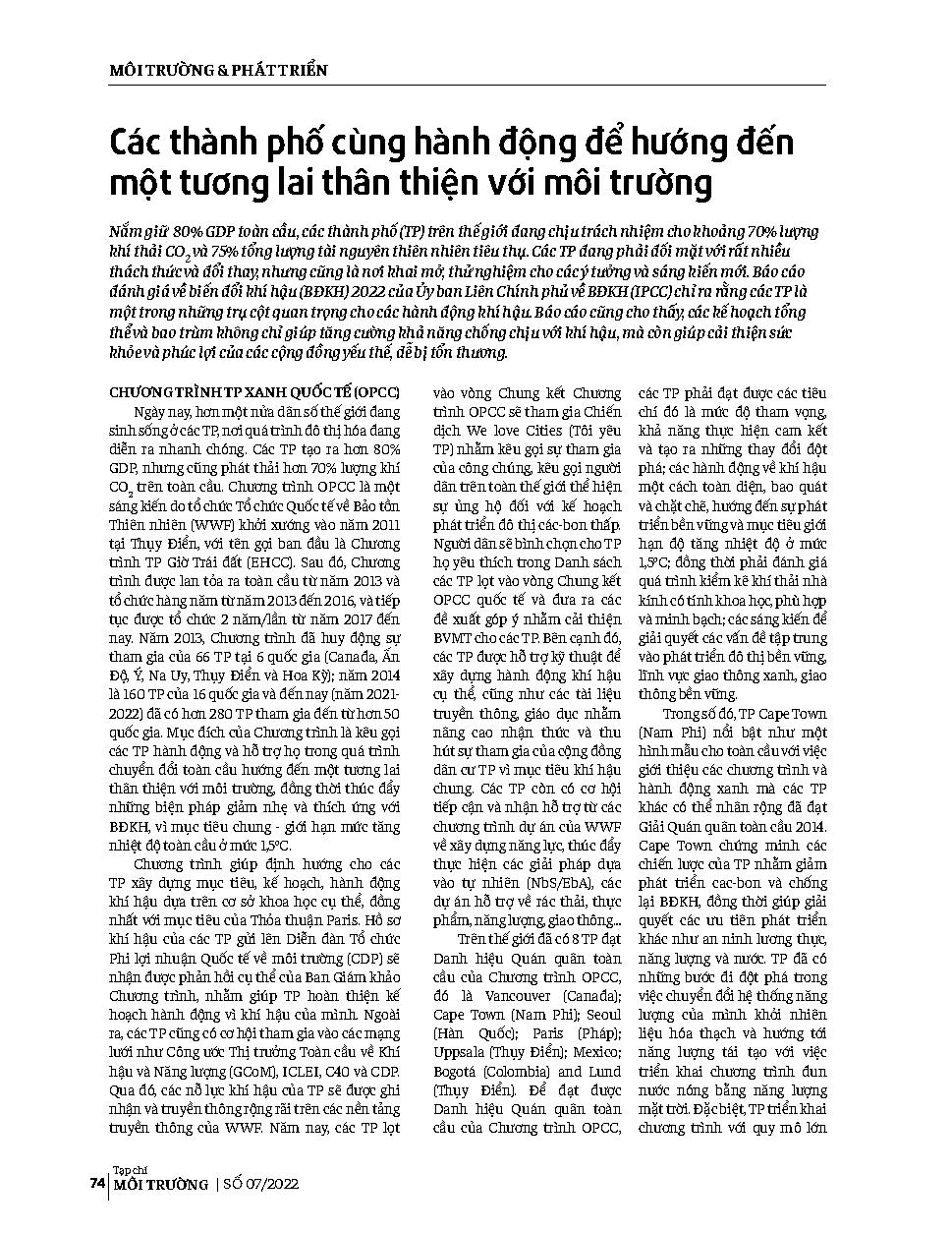 Các thành phố cùng hành động để hướng đến một tương lai thân thiện với môi trường