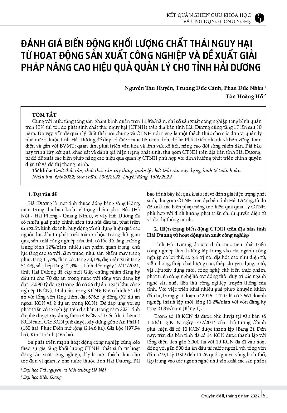 Đánh giá biến động khối lượng chất thải nguy hại từ hoạt động sản xuất công nghiệp và đề xuất giải pháp nâng cao hiệu quả quản lý cho tỉnh Hải Dương = Research on changes in hazardous waste amount from industrial activities and propose measures to improve