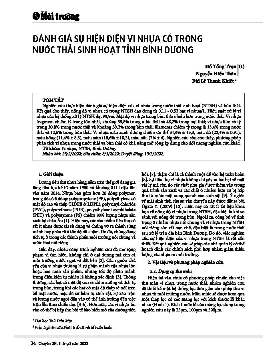 Đánh giá sự hiện diện vi nhựa có trong nước thải sinh hoạt tỉnh Bình Dương = Evaluating the responsibilities of micro plastic in domestic wastewater treatment plants in Binh Duong province