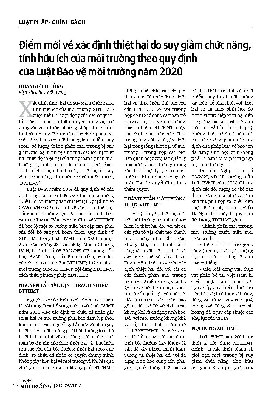 Điểm mới về xác định thiệt hại do suy giảm chức năng, tính hữu ích của môi trường theo quy định của Luật Bảo vệ môi trường năm 2020