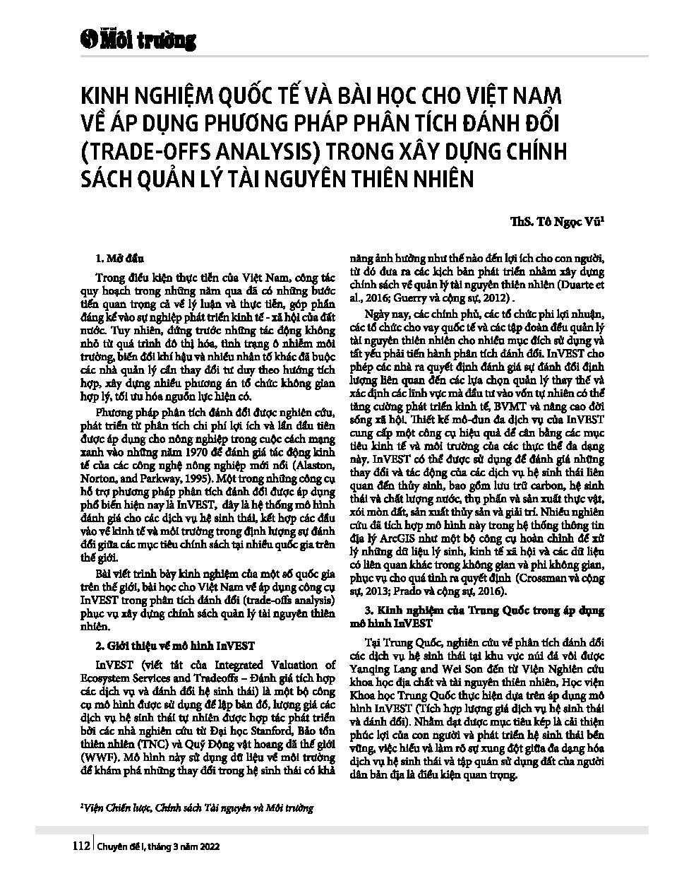Kinh nghiệm quốc tế và bài học cho Việt Nam về áp dụng phương pháp phân tích đánh đổi (trade-offs analysis) trong xây dựng chính sách quản lý tài nguyên thiên nhiên